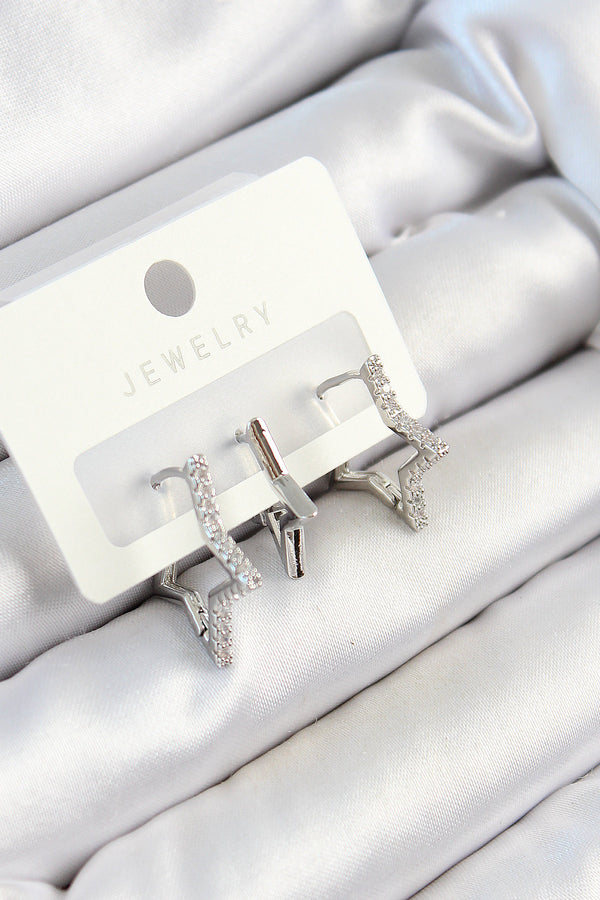 BKP10798 - Pirinç Zirkon Taşlı Yıldız Model Gümüş Renk 3'lü Çift Kadın Küpe Set