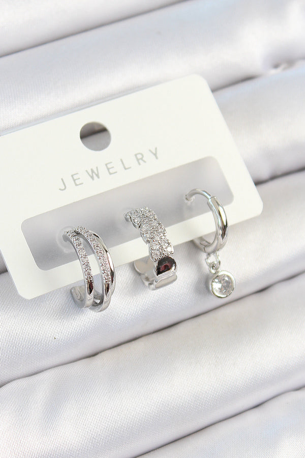 BKP10800 - Pirinç Zirkon Taşlı Halka Model Gümüş Renk 3'lü Çift Kadın Küpe Set