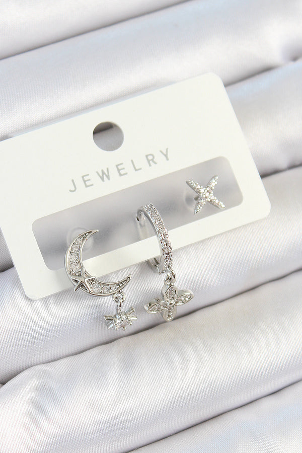 BKP10804 - Pirinç Zirkon Taşlı Çiçek Ve Ay Model Gümüş Renk 3'lü Çift Kadın Küpe Set