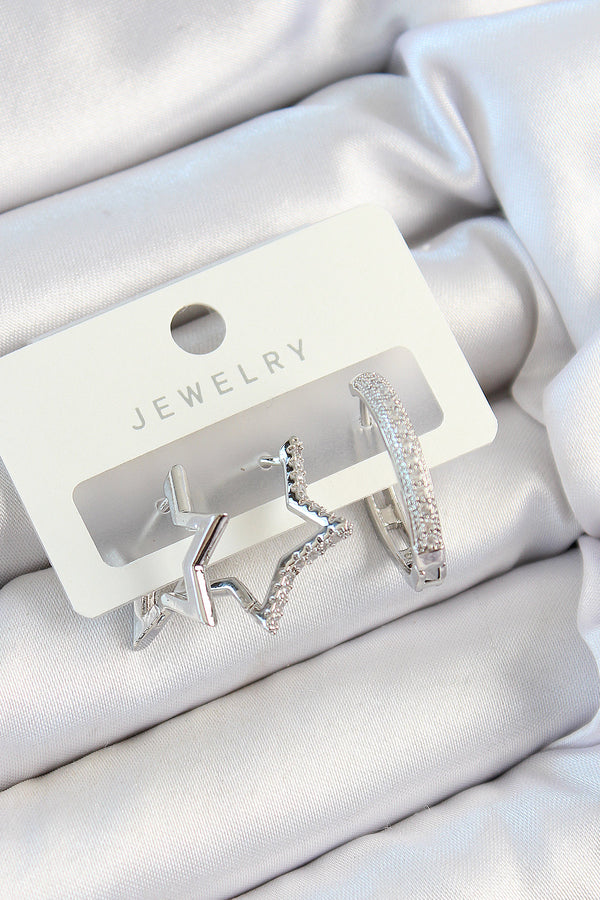 BKP10808 - Pirinç Zirkon Taşlı Yıldız Ve Halka Model Gümüş Renk 3'lü Çift Kadın Küpe Set