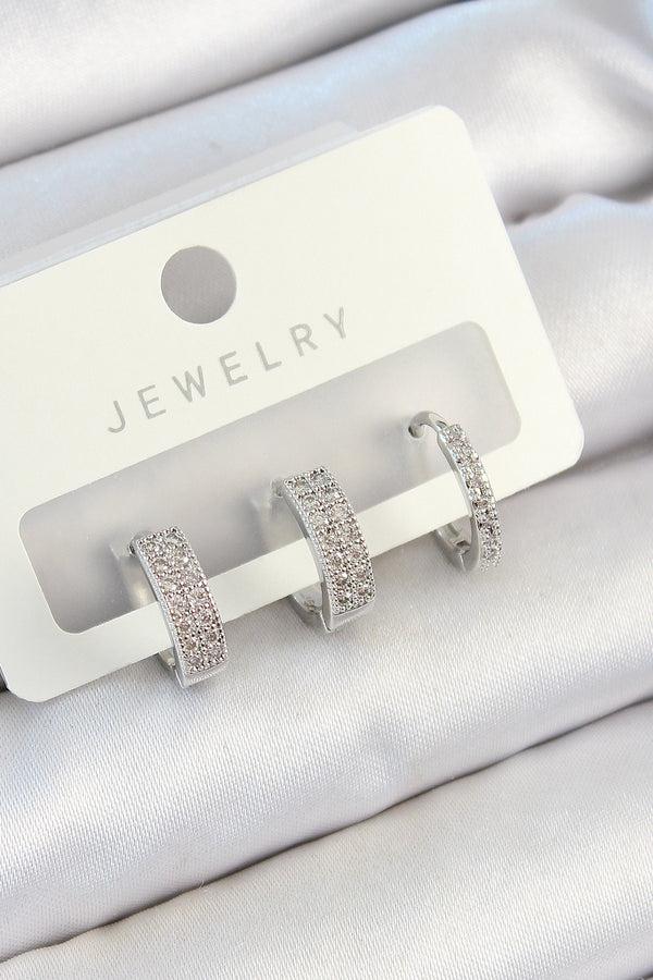 BKP10810 - Pirinç Zirkon Taşlı Halka Model Gümüş Renk 3'lü Çift Kadın Küpe Set