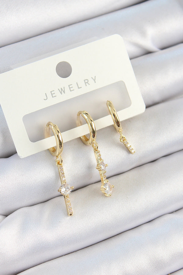 BKP10815 - Pirinç Zirkon Taşlı Sallantılı Model Gold Renk 3'lü Çift Kadın Küpe Set