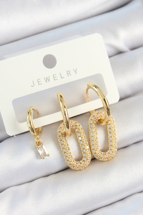 BKP10816 - Pirinç Zirkon Taşlı Dikdörtgen Model Gold Renk 3'lü Çift Kadın Küpe Set