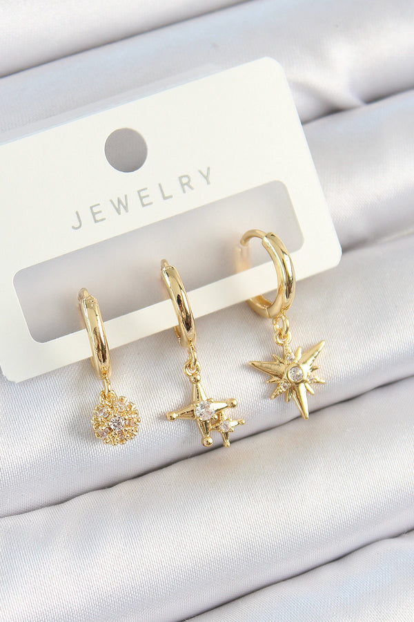 BKP10818 - Pirinç Zirkon Taşlı Yıldız Model Gold Renk 3'lü Çift Kadın Küpe Set