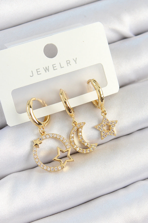 BKP10819 - Pirinç Zirkon Taşlı Yıldız Ve Ay Model Gold Renk 3'lü Kadın Küpe Set