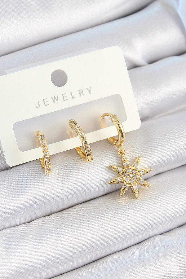 BKP10820 - Pirinç Zirkon Taşlı Kutup Yıldızı Model Gold Renk 3'lü Çift Kadın Küpe Set