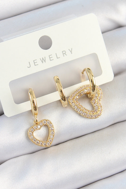 BKP10825 - Pirinç Zirkon Taşlı Kalp Model Gold Renk 3'lü Çift Kadın Küpe Set