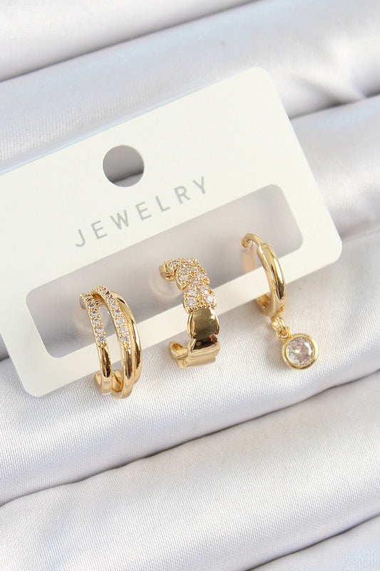 BKP10826 - Pirinç Zirkon Taşlı Halka Model Gold Renk 3'lü Çift Kadın Küpe Set
