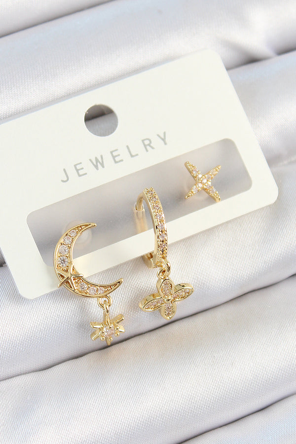 BKP10827 - Pirinç Zirkon Taşlı Çiçek Ve Ay Model Gold Renk 3'lü Çift Kadın Küpe Set