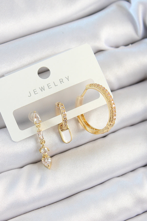 BKP10829 - Pirinç Zirkon Taşlı Sallantılı Model Gold Renk 3'lü Çift Kadın Küpe Set