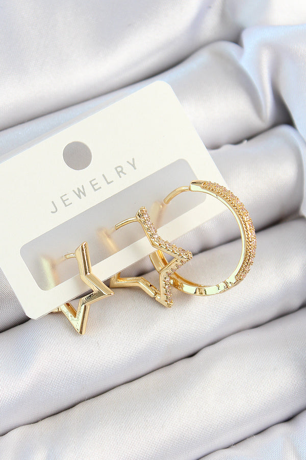 BKP10830 - Pirinç Zirkon Taşlı Yıldız Ve Halka Model Gold Renk 3'lü Çift Kadın Küpe Set