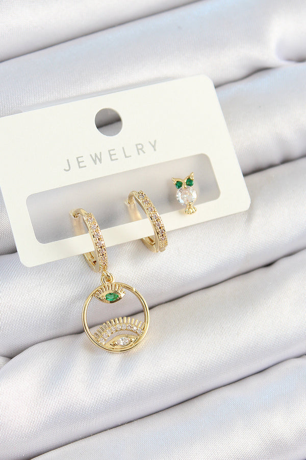 BKP10831 - Pirinç Zirkon Taşlı Göz Ve Baykuş Model Gold Renk 3'lü Çift Kadın Küpe Set