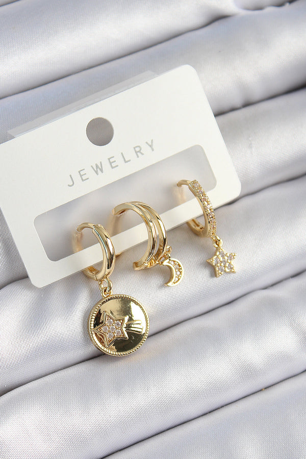 BKP10833 - Pirinç Zirkon Taşlı Yıldız Ve Ay Model Gold Renk 3'lü Çift Kadın Küpe Set