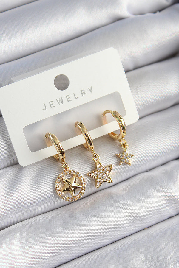 BKP10835 - Pirinç Zirkon Taşlı Yıldız Model Gold Renk 3'lü Çift Kadın Küpe Set