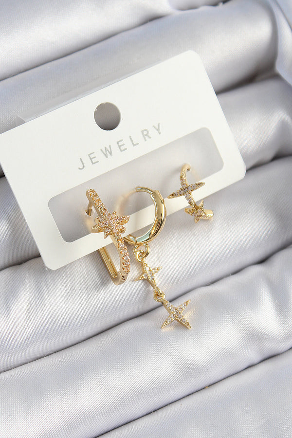 BKP10837 - Pirinç Zirkon Taşlı Yıldız Model Gold Renk 3'lü Çift Kadın Küpe Set