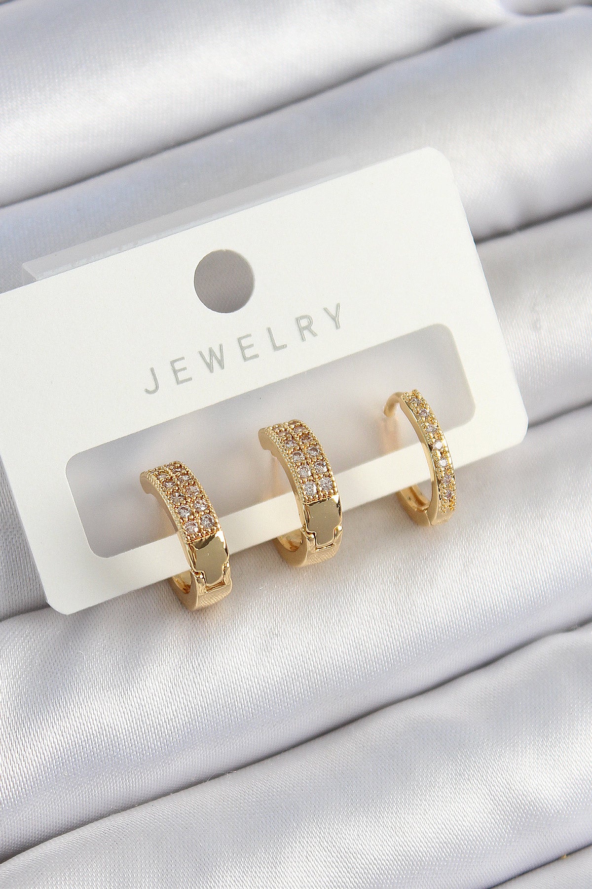 BKP10838 - Pirinç Zirkon Taşlı Halka Model Gold Renk 3'lü Çift Kadın Küpe Set