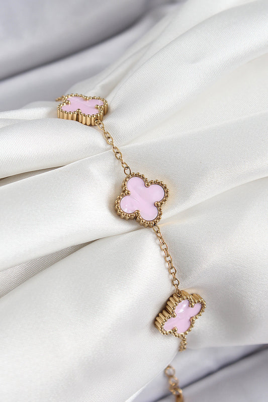 316L Çelik Pembe Sedef Yonca Model Gold Renk Kadın Bileklik - BB7365