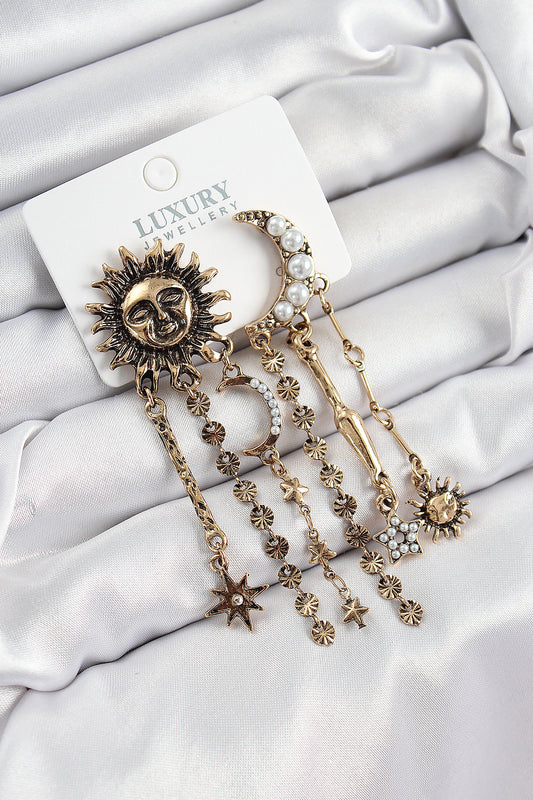 BKP10862 - Pirinç Zirkon Taşlı Güneş Ve Ay Figürlü Eskitme Model Sallantılı Küpe