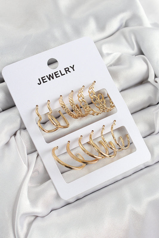 BKP10887 - Pirinç Karışık Halka Model Gold Renk 6 Çift Kadın Küpe Set