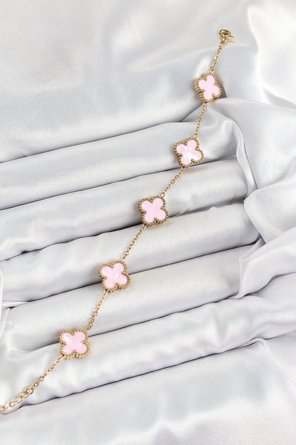 BB7365 - 316L Çelik Pembe Sedef Yonca Model Gold Renk Kadın Bileklik