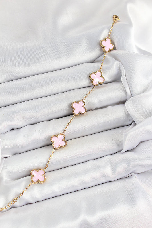 316L Çelik Pembe Sedef Yonca Model Gold Renk Kadın Bileklik - BB7365