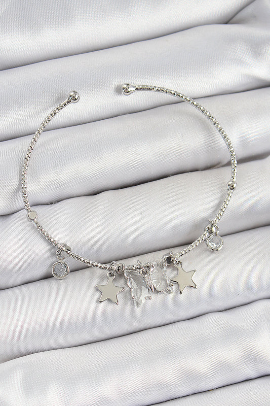 BB7345 - Pirinç Zirkon Taşlı Kelebek Ve Yıldız Model Gümüş Renk Charm Bileklik