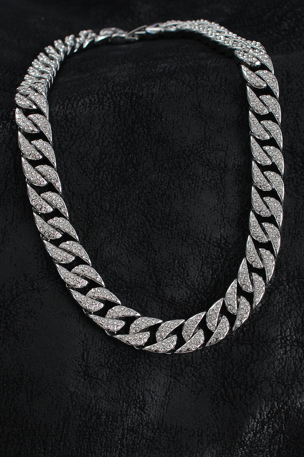 ERK1404 - Pirinç Zirkon Taşlı Cuba Gurmet Model Gümüş Renk Erkek Kolye