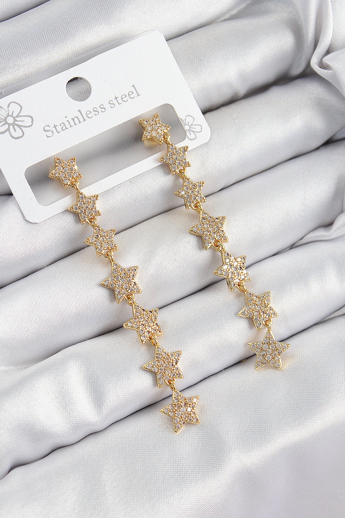 Pirinç Zirkon Taşlı Sallantılı Yıldız Model Gold Renk Kadın Küpe - BKP10912