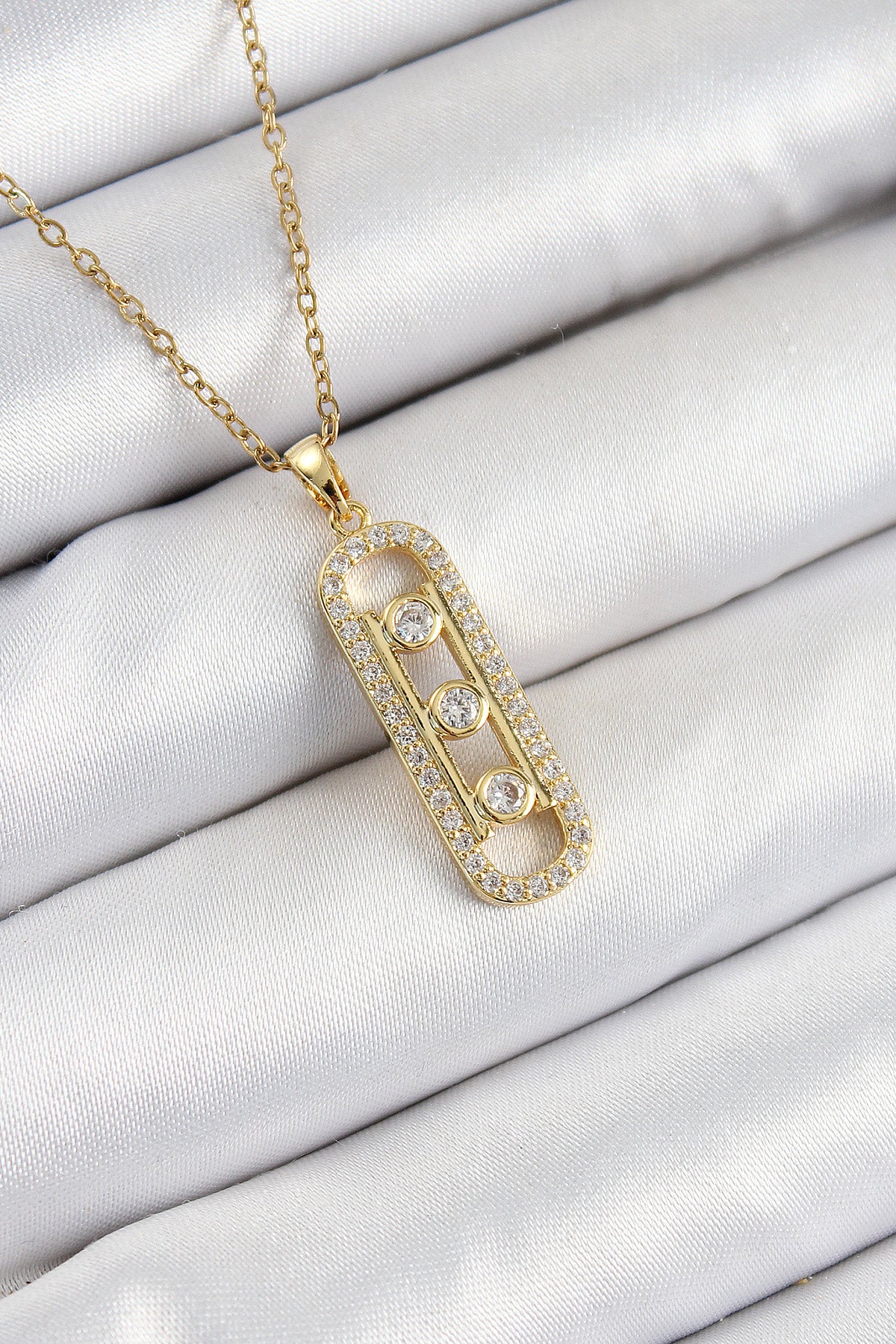 316L Çelik Zirkon Taşlı Messika Model Gold Renk Kadın Kolye - BKO10345