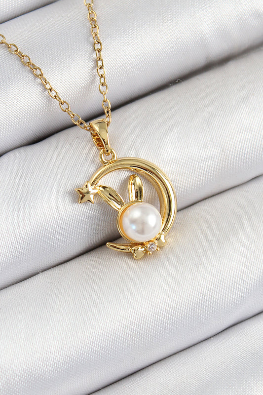 BKO10347 - 316L Çelik İnci Detaylı Hilal Tavşan Model Gold Renk Kadın Kolye