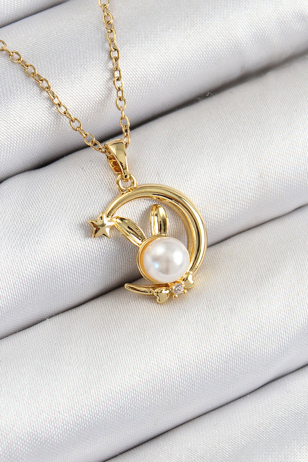 BKO10347 - 316L Çelik İnci Detaylı Hilal Tavşan Model Gold Renk Kadın Kolye