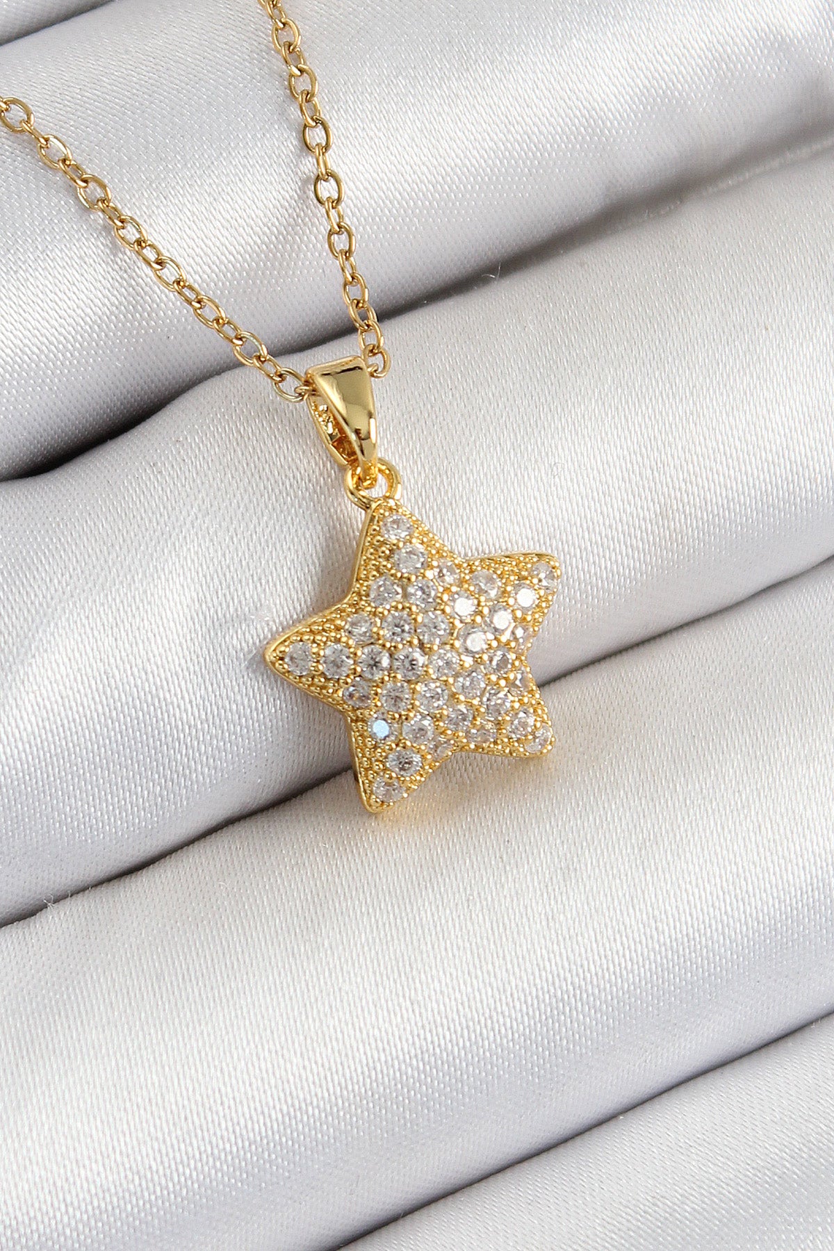 316L Çelik Zirkon Taşlı Yıldız Model Gold Renk Kadın Kolye - BKO10351