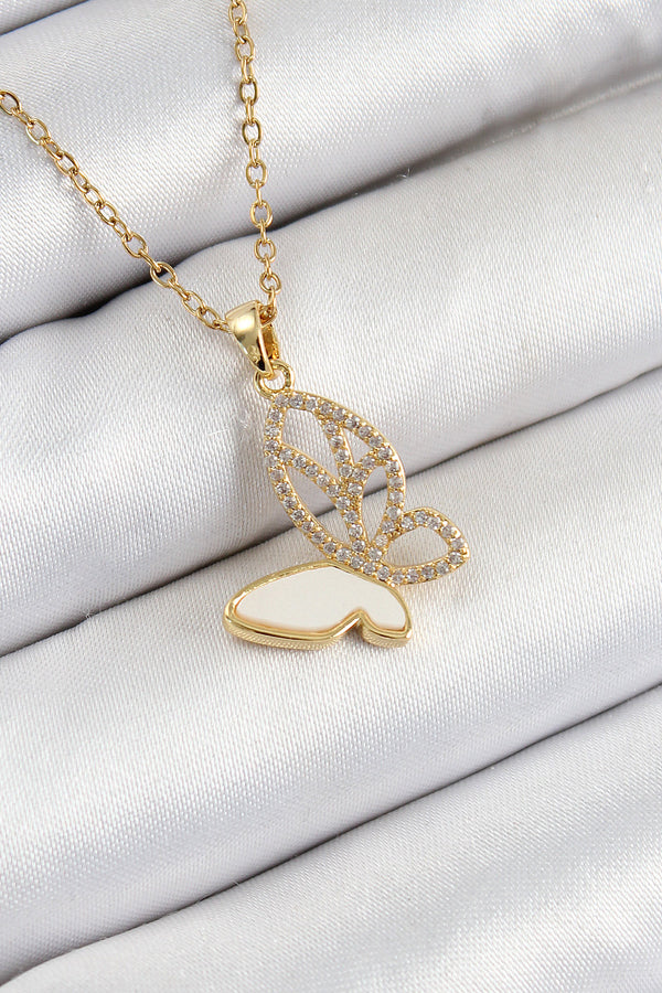 BKO10359 - 316L Çelik Zirkon Taşlı Kelebek Model Gold Renk Kadın Kolye