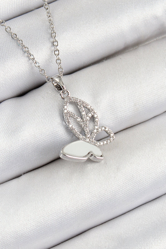 BKO10360 - 316L Çelik Zirkon Taşlı Kelebek Model Gümüş Renk Kadın Kolye