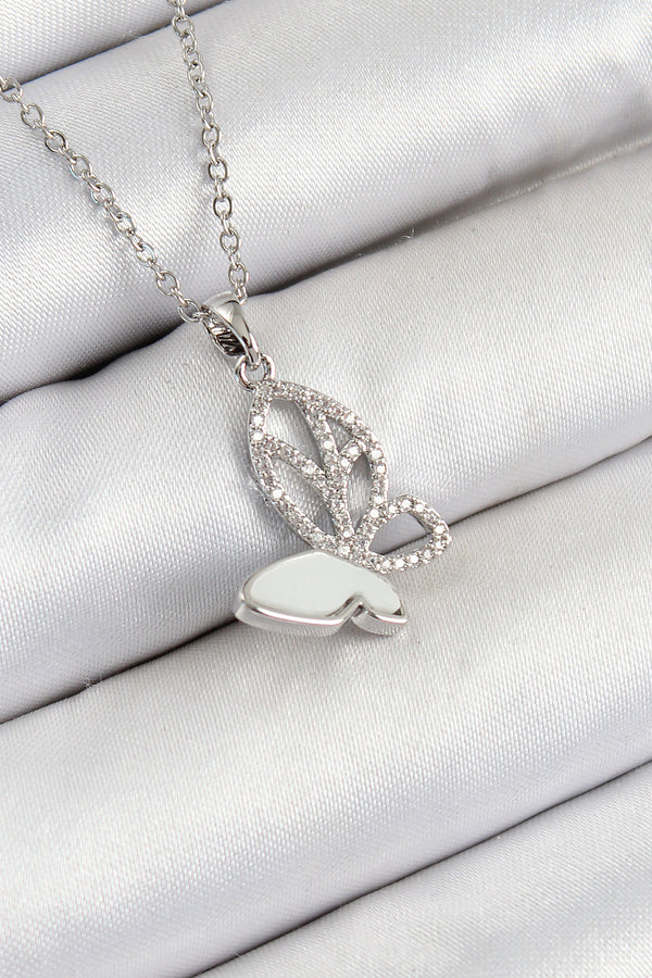 BKO10360 - 316L Çelik Zirkon Taşlı Kelebek Model Gümüş Renk Kadın Kolye