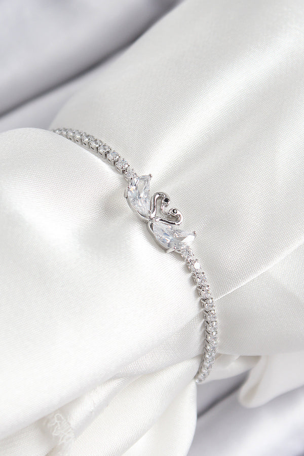 BB7463 - Pirinç Zirkon Taşlı Kuğu Model Gümüş Renk Asansörlü Kadın Bileklik