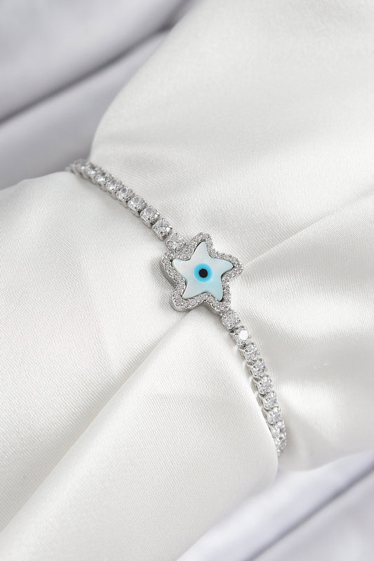 BB7469 - Pirinç Zirkon Taşlı Nazar Yıldız Model Gümüş Renk Asansörlü Kadın Bileklik