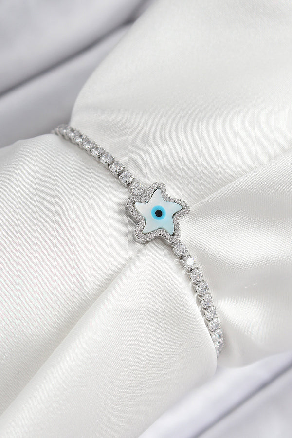 BB7469 - Pirinç Zirkon Taşlı Nazar Yıldız Model Gümüş Renk Asansörlü Kadın Bileklik