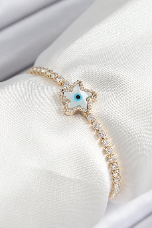 Pirinç Zirkon Taşlı Nazar Yıldız Model Gold Renk Asansörlü Kadın Bileklik - BB7470