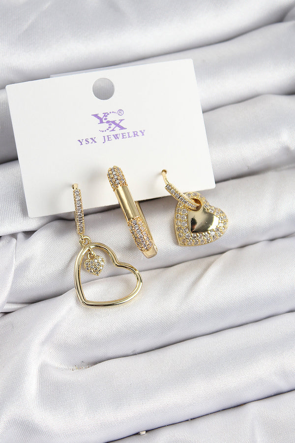 BKP10936 - Pirinç Zİrkon Taşlı Kalp Model Gold Renk 3'lü Kadın Küpe