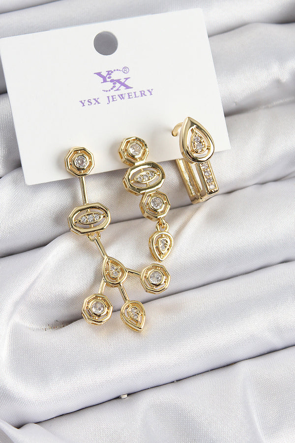 BKP10937 - Pirinç Zİrkon Taşlı Geometrik Model Gold Renk 3'lü Kadın Küpe