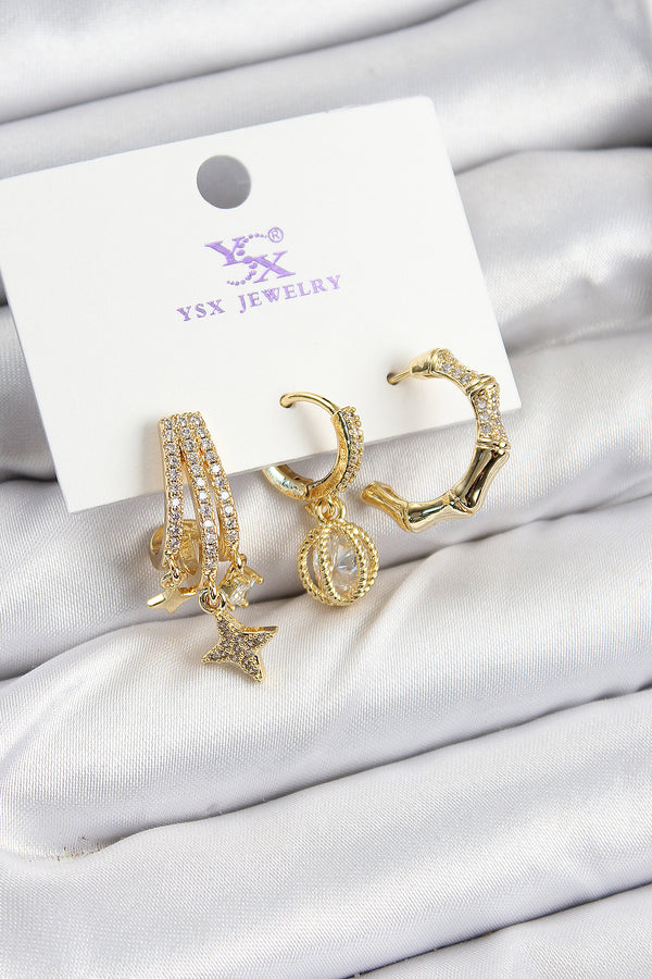 BKP10938 - Pirinç Zİrkon Taşlı Sallantılı Yıldız Model Gold Renk 3'lü Kadın Küpe