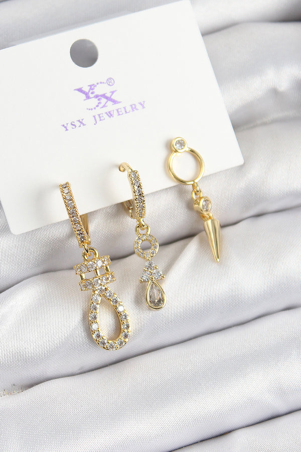 BKP10939 - Pirinç Zİrkon Taşlı Sallantılı Model Gold Renk 3'lü Kadın Küpe