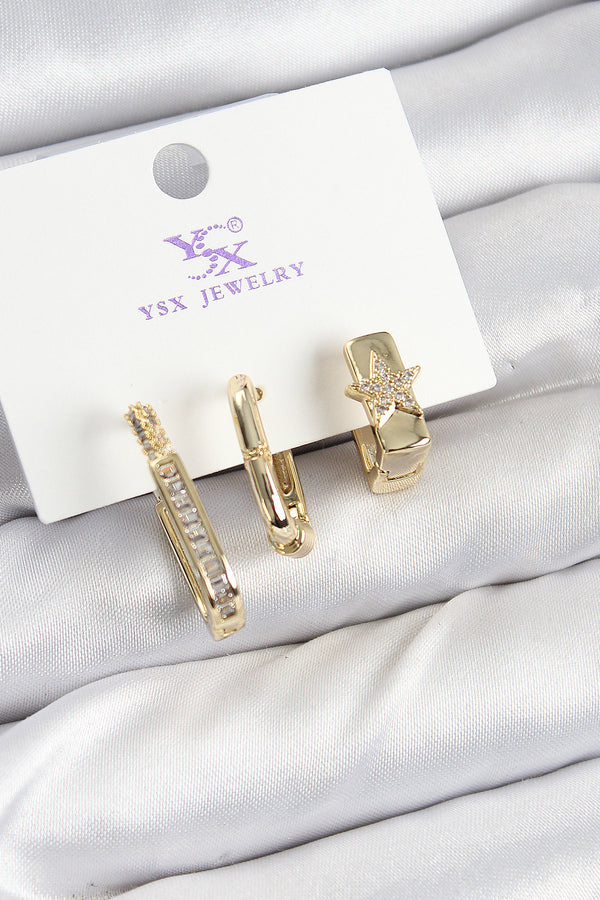 BKP10943 - Pirinç Zİrkon Taşlı Yıldız Model Gold Renk 3'lü Kadın Küpe