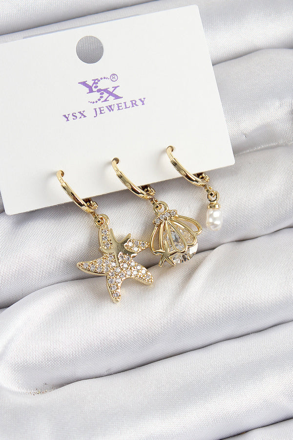 BKP10944 - Pirinç Zİrkon Taşlı Deniz Yıldızı Ve İstiridye Model Gold Renk 3'lü Kadın Küpe