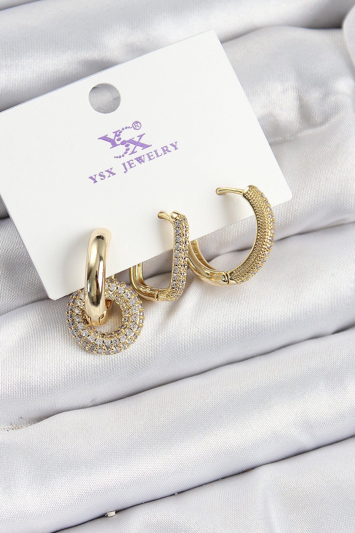 BKP10945 - Pirinç Zİrkon Taşlı Halka Model Gold Renk 3'lü Kadın Küpe