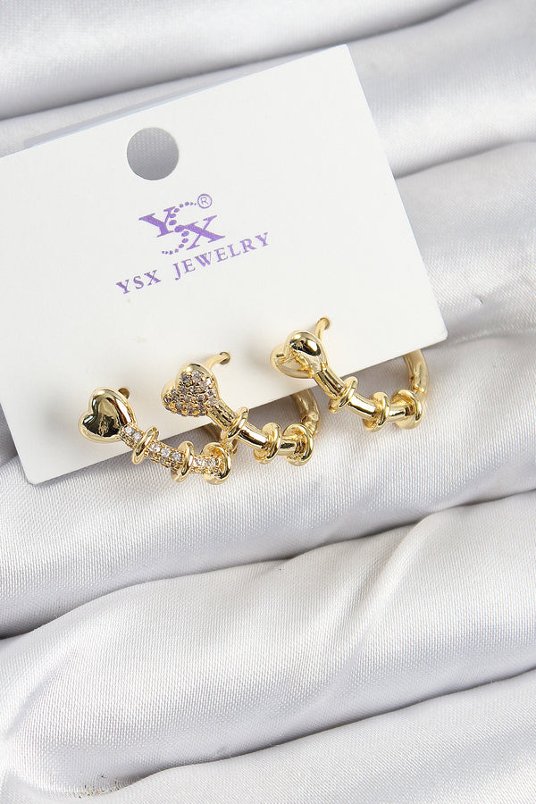 BKP10947 - Pirinç Zİrkon Taşlı Kalp Model Gold Renk 3'lü Kadın Küpe