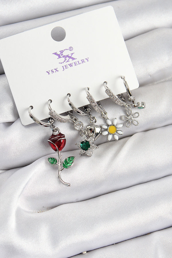 BKP10956 - Pirinç Zİrkon Taşlı Gül Ve Papatya Model Gümüş Renk 3'lü Çift Kadın Küpe