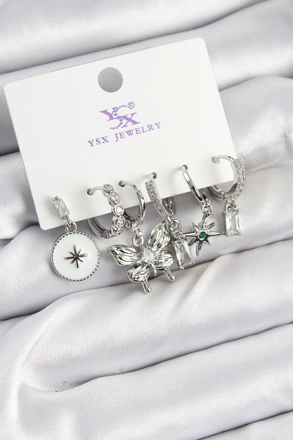 BKP10958 - Pirinç Zİrkon Taşlı Kelebek ve Yıldız Model Gümüş Renk 3'lü Çift Kadın Küpe