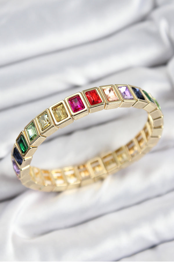 BB7493 - Pirinç Karışık Zirkon Taşlı Dikdörtgen Model Gold Renk Lastikli Kadın Bileklik